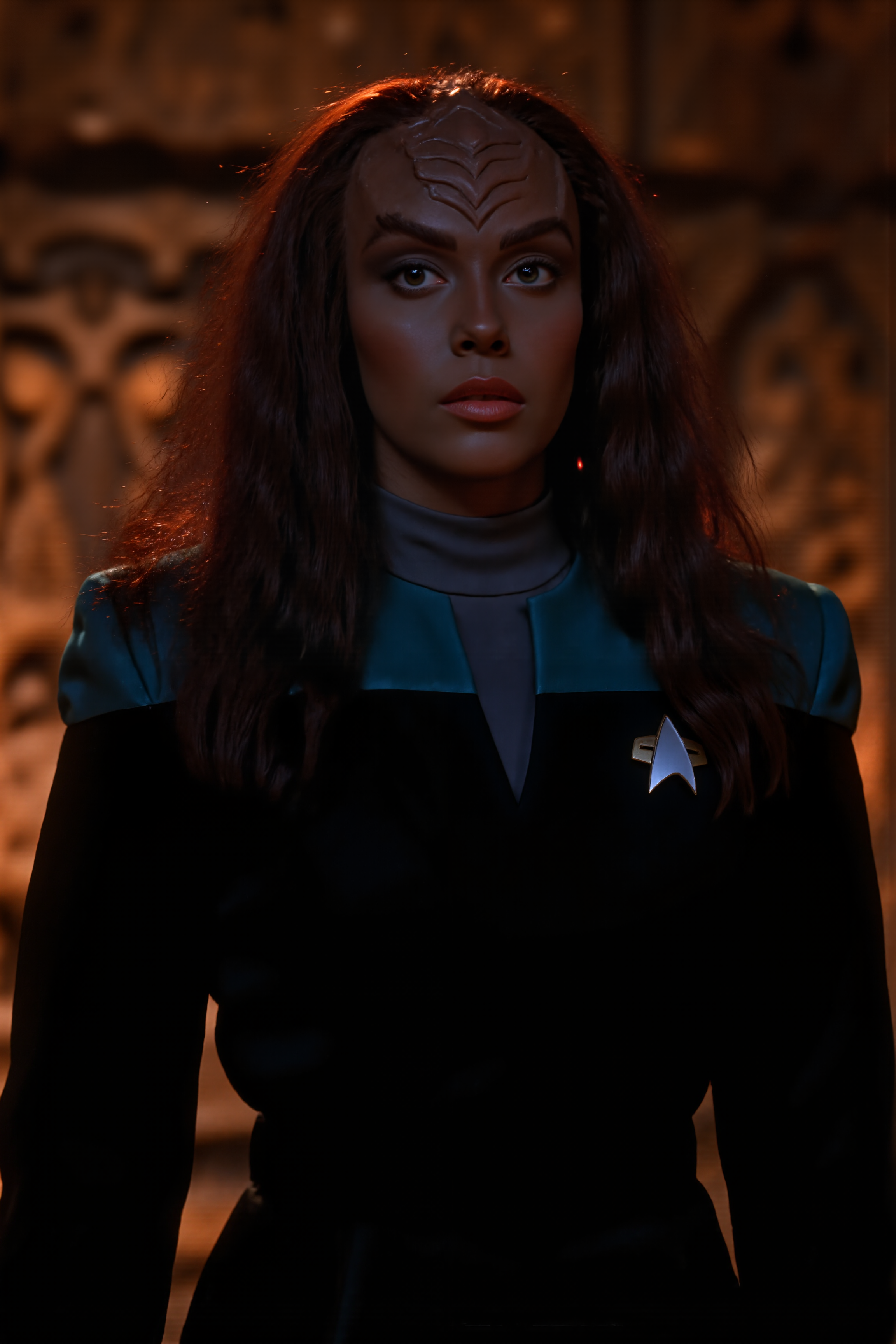 A klingon woman with ridged forehead stands in the ancient temple wearing black voyager uniform wiuth teal shoulders and grey undershirt (photography, high-resolution, dynamic, energetic,hyper-realistic, dramatic lighting, shallow depth of field.), detailmaximizer, MythP0rt<lora:midjourney_whisper_flux_lora_v01:0.55><lora:aidmaMJ6.1-FLUX-V0.1:0.4><lora:FluxMythP0rtr4itStyle:0.4><lora:detailed_flux_ntc:2.2><lora:aidmaImageUpgrader-FLUX-V0.1:0.65><lora:VOY_FLUX:1.1><lora:klingon_FLUX:1.1>