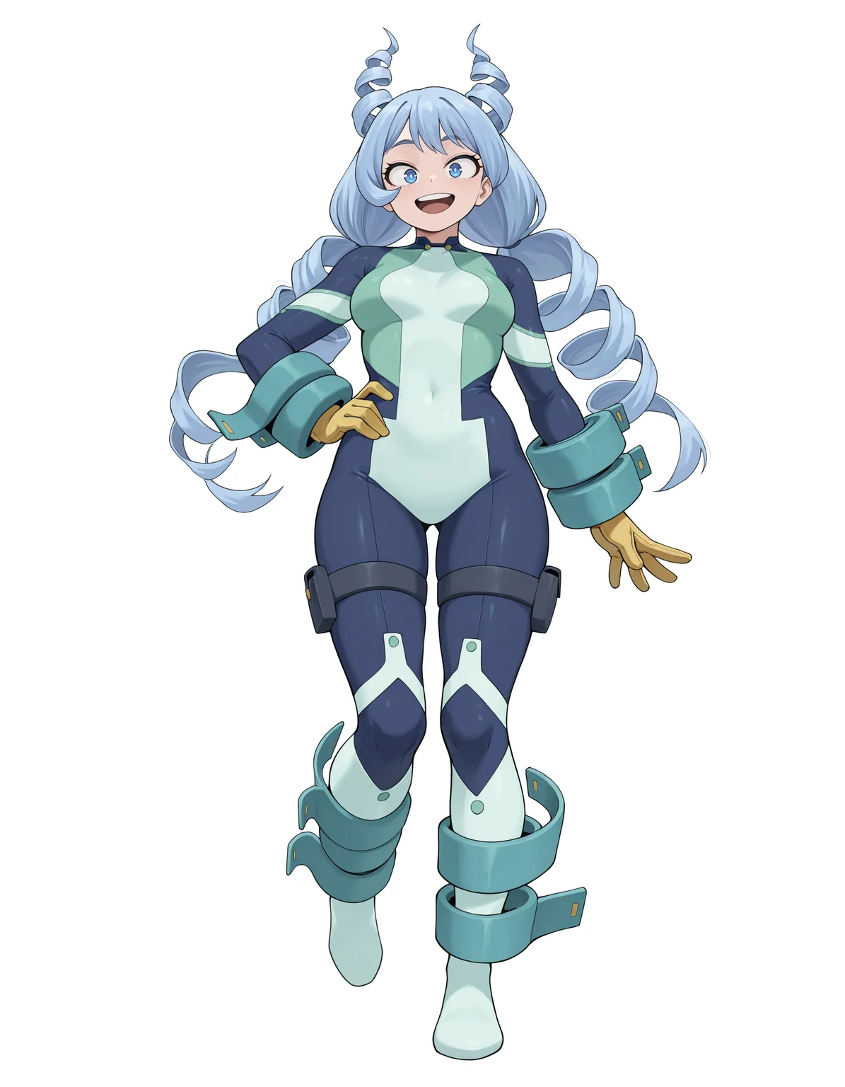 <lora:Hado Nejire Illu:1>nejir3, blue eyes, blue hair, long hair, twin drills, hair horns,
nejir3her0, blue bodysuit, green bodysuit, multicolored bodysuit, thigh straps, yellow gloves, blue arm coils, blue spiral wrist straps, coiled leg straps, leg wraps,
full body, straight-on, looking at viewer, smile, open mouth, one hand on hip,
simple background, white background,, masterpiece, best quality, amazing quality
