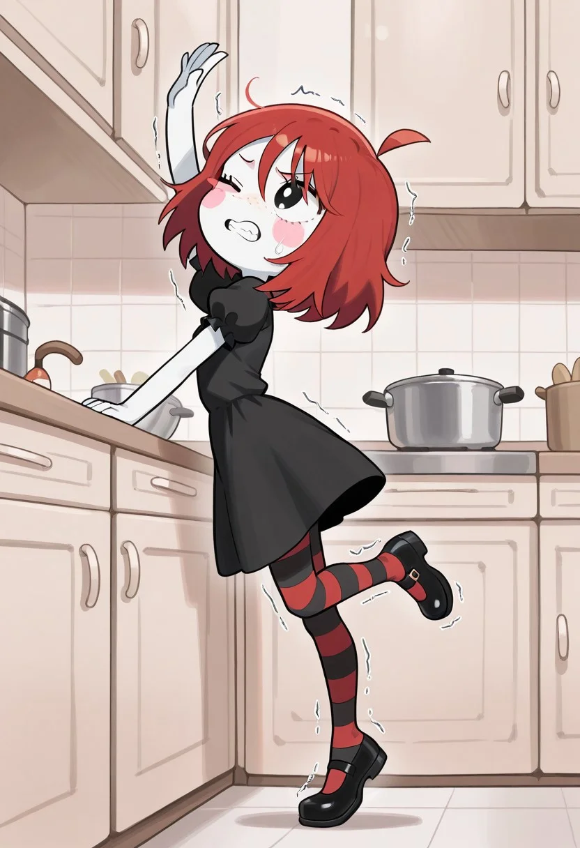 masterpiece, best quality, amazing quality, reaching overhead, reaching, from side, arm up, standing, standing on one leg, kitchen, arm support, cupboard, struggling, one eye closed, teeth, rubygloom_ruby, 1girl, solo, chibi, short hair, red hair, ahoge, black eyes, blush stickers, freckles, white skin, black dress, puffy short sleeves, striped pantyhose, mary janes