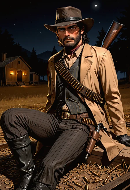 1boy, rdr1j0hnmarston, unkempt mature male, medium dark brown hair, dark grey eyes, scruffy beard, facial scar on right cheek,
dark grey cowboy hat with feather, dark pinstriped vest, beige shirt, black gloves, dark pinstriped trousers, black boots, belt with golden buckle, gun holster belt, bullet loop bandolier, light brown duster coat, red scarf, rifle on back, looking at viewer,
night, old farm, outdoor, sitting, dynamic pose, dynamic angle,
masterpiece, best quality, absurdres, newest, perfect quality, detailed background, intricate details,