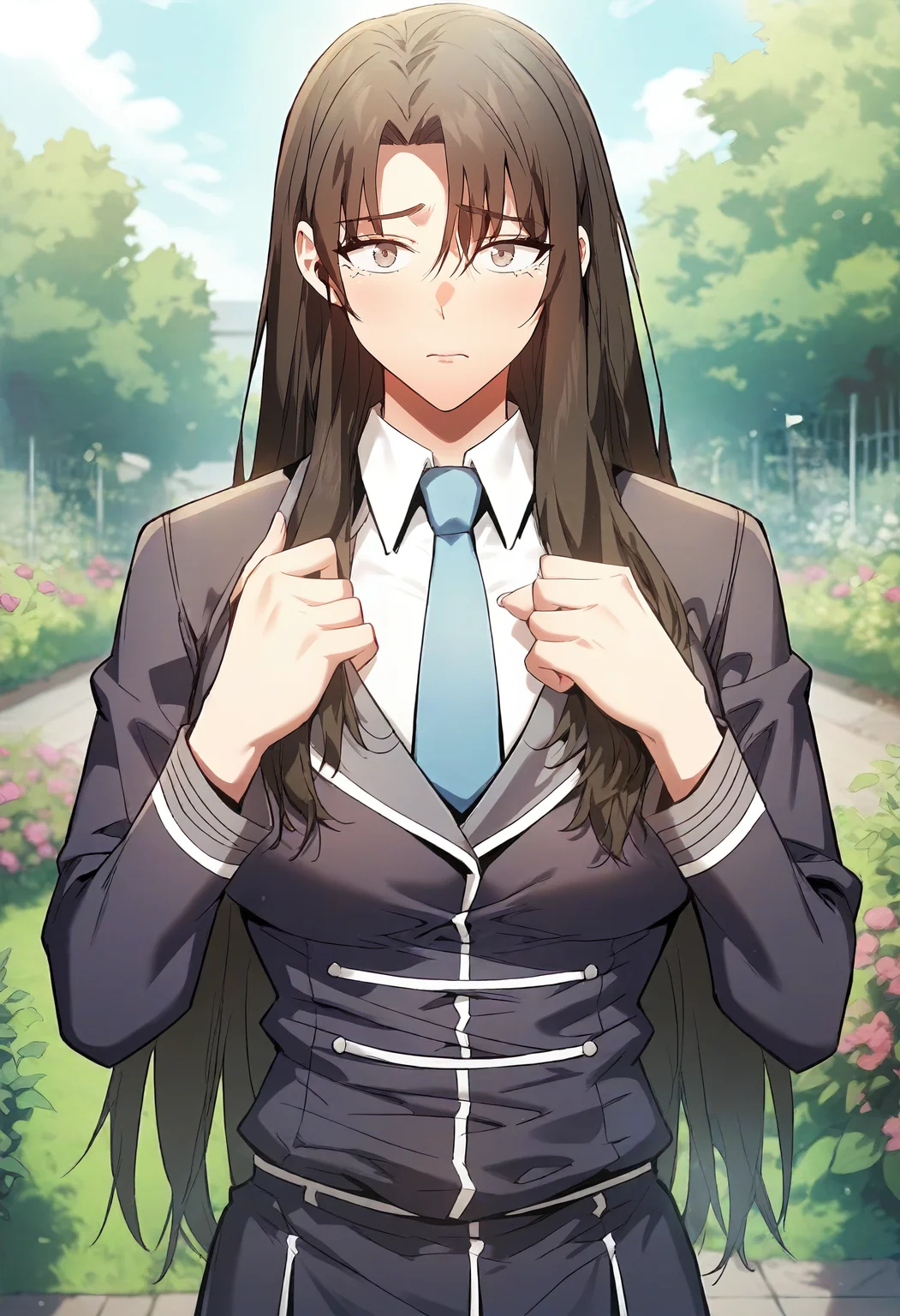 score_9, score_8_up, score_7_up, score_6_up, source_anime, rating_explicit, 1girl, (solo:1.1), huge breasts,<lora:Adeshan Akalusia prefectPonyxl:0.9> long hair, black hair, brown hair, brown eyes, parted bangs, grey eyes, sidelocks, school uniform, black jacket, blue necktie, long sleeves, white shirt, collared shirt, black pants, sad, garden, outdoors, looking at viewer, standing, close-up, hands up
