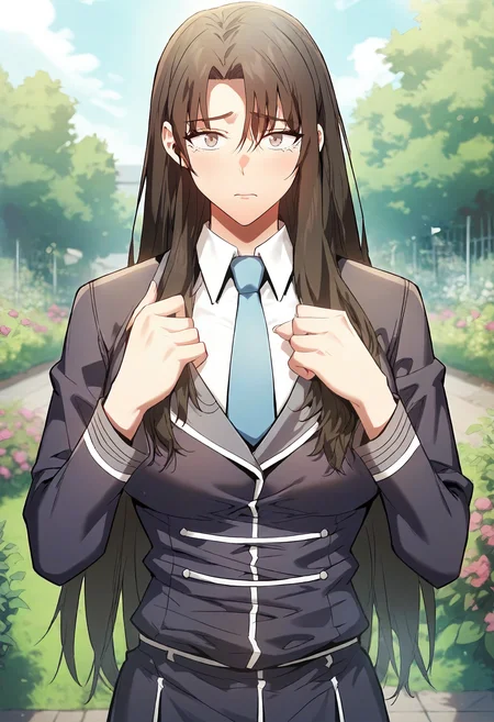 score_9, score_8_up, score_7_up, score_6_up, source_anime, rating_explicit, 1girl, (solo:1.1), huge breasts,<lora:Adeshan Akalusia prefectPonyxl:0.9> long hair, black hair, brown hair, brown eyes, parted bangs, grey eyes, sidelocks, school uniform, black jacket, blue necktie, long sleeves, white shirt, collared shirt, black pants, sad, garden, outdoors, looking at viewer, standing, close-up, hands up