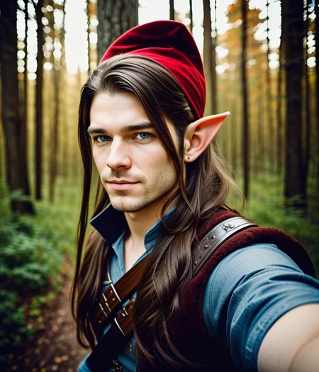 solo ((selfie photo)) portrait style of an elf hunter man
fantasy background, charming smirking
by Flora Borsi and Ryan Hewett ultra realistic highly detailed intricate photorealistic analog style photograph sharp focus on eyes, cinematic lighting