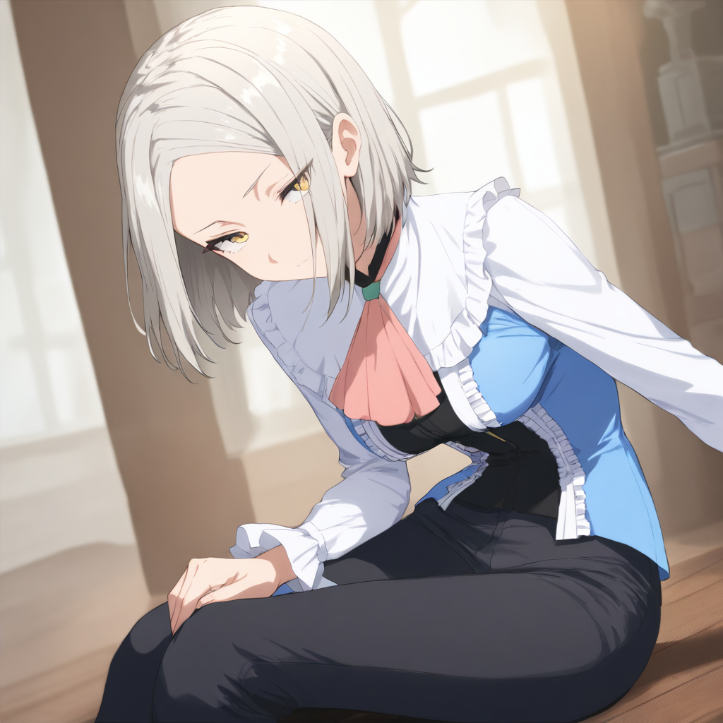 solo,masterpiece,high score,great score,absurdres,<lora:Yukine_Mare ag4o v1:1> yukine_mare, grey hair, short hair, yellow eyes,ascot,frills,long sleeves,pants,