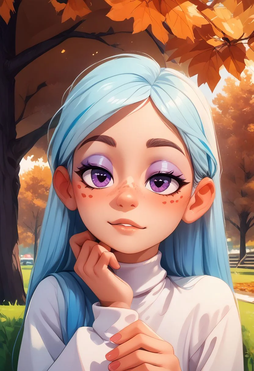 score_9, score_8_up, score_8, solo, furry, female,  , andrea, 1girl, makeup, eyeshadow, freckles, light blue hair, long hair, multicolored hair, rating_safe, park, (close-up), pov, head tilt, heart, overstimulation, human, white turtleneck, autumn, violet eyes, tucking own hair behind ear, coy pose, tucking own, hair, tucking_hair, human hand, hand on own ear, delicate fingers, smooth hands, small hands, long sleeves, sleeves passed wrists.