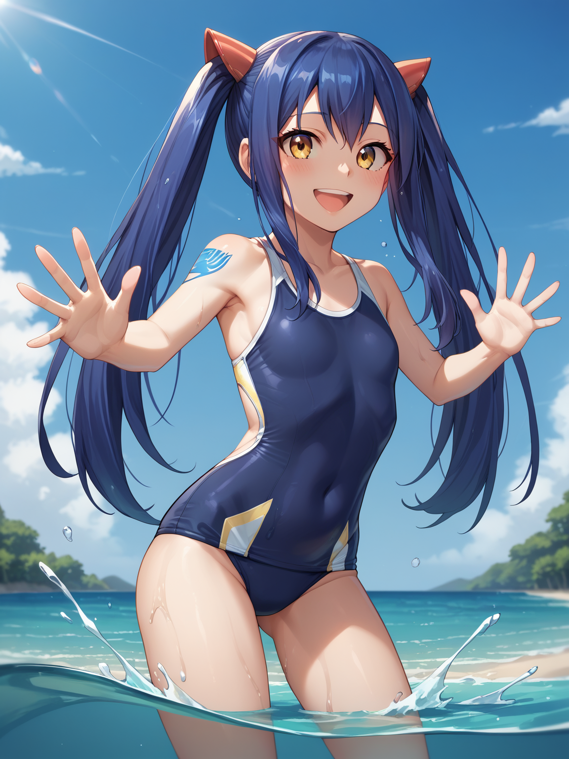 score_9, score_8_up, score_7_up, score_6_up, score_5_up, score_4_up, source_anime, detailed eyes, beautiful eyes,<lora:Wendy_Marvell:1> WendyMarvell, blue hair, short, petite, yellow eyes, blue tattoo, shoulder tattoo, GreenDressOutfit, long hair, twintails, side locks hair ornament, bare shoulders, naked, school swimsuit, beach ocean, playing in the water, submerged, standing in water, splashing water with hands, splashing you with water, happy,