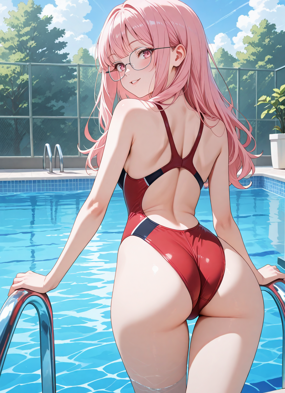 1girl, solo, sundress, (light_smile:0.85), square glasses, long hair,pink eyes, <lora:Detail-Enhancer-v1.0:1>, <BREAK> , masterpiece, best quality, absurdres, highres, very aesthetic, high quality, detailed, insanely detailed, beautiful, very awa, anime screencap, , red one-piece swimsuit, two-tone swimsuit, highleg swimsuit, competition swimsuit, sideboob, poolside, standing, parted lips, cowboy shot, contrapposto, seductive smile, blush, (from behind:0.4), looking back, back cutout, median furrow, shoulder blades, wide hips, ass line