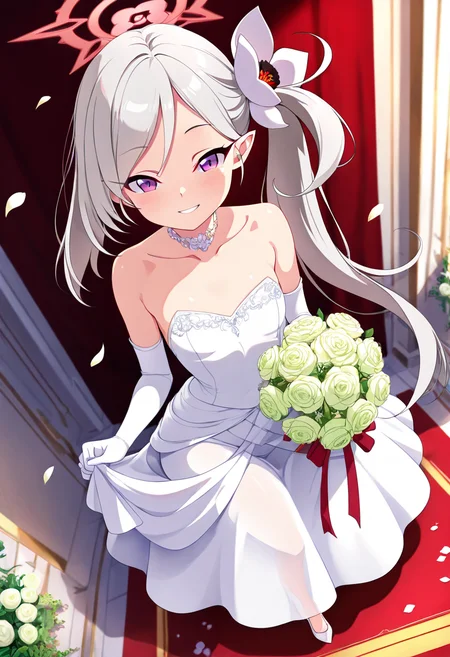 masterpiece, best quality, solo, curvy, beautiful eyes,  narrow waist, wide hips, zzMutsuki, long hair, halo, purple eyes, hair ornament, white hair, side ponytail, grey hair, pointy ears, hair flower,  dynamic angle, foreshortening, close up,   ,       <lora:MutsukiBlueArchiveIXL:1.0>, [Elegant Bridal Moment], Strapless wedding dress, elbow-length gloves, flowing bridal veil, white heels, delicate bouquet, Standing in a sunlit garden aisle, surrounded by soft flower petals and dappled light filtering through trees, radiating grace before the ceremony.