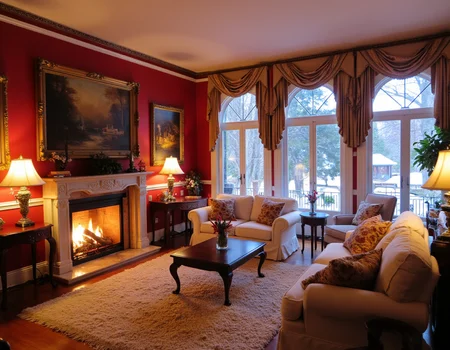 cozy living room with a fuzzy rug and white sofas, red wallpaper, marble fireplace with fire, table lamps, oil paintings hung on walls, large floor to ceiling arch top windows, snowing outside, blizzard,  <lora:amateurphoto-6version:1>