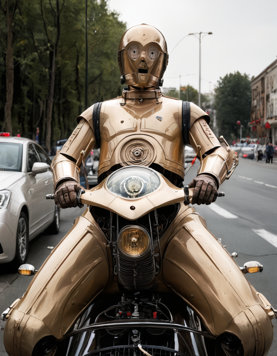 <lora:C-3PO_pony:1>,C-3PO,riding a quad,