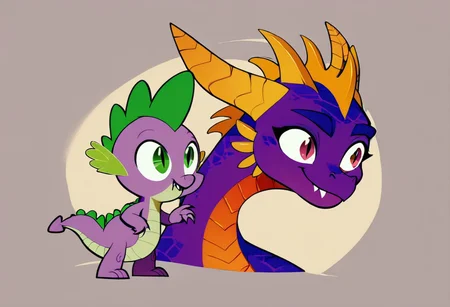 score_9, score_8_up, score_7_up, score_6_up, score_5_up, score_4_up, minimalist lineless art, (2 dragons in hotsprings:2), fang, no humans, (large dragon with purple eyes and a small dragon with green eyes:0.75), (large purple dragon with black eyes:0.7), eye contact, (small purple dragon with green eyes:0.7), (Spyro the dragon and spike:0.25), (rating_safe:1.2), Spike and Spyro