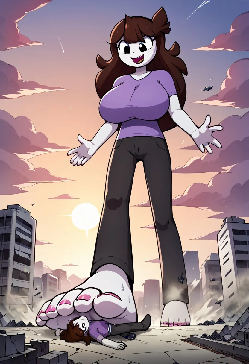 score_9, score_8_up, score_7_up, score_6_up, score_5_up, score_4_up, rating_explicit, source anime, anime screencap, masterpiece, expressive eyes, perfect face, full body, view full body, view all body
<lora:betweenFeet32:1>, between_feet, giantess, breasts, large breasts,
cinematic lighting,  bloom, post processing, sweat, sweaty, sweating, sunset, hourglass figure, huge boobs, perfect body, cute face, perfect face, long legs, seductive look, gigantic breasts, body, giantess, toenails painted pink, long toe nails,
<lora:boaV1XL_Pony_v1:1>b0ahanc, 1girl, full body, view full body, jaiden, 1girl, purple shirt, long hair, solo, brown hair, flat color, short sleeves, white skin, grey pants, black eyes, barefoot, slender woman, giantess step on city lying on_back, glass floor, scene epic, epic scene, epic,
giga giantess, gts, destruction, cracks in the ground, earthquake, apocalypse, destroyed city, ruins, crumbling, destroyed buildings, catastrophe, stomp feet, scene epic, scene battle, stomp feet, gigantic body, gigantic feet