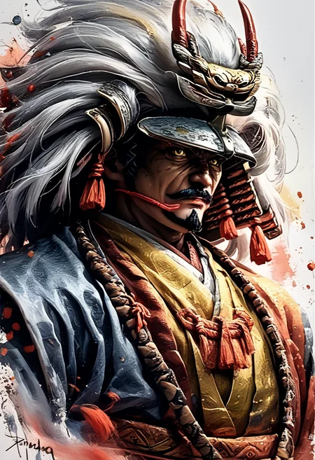 score_9,score_8_up,score_7_up,
Male illustration,50 years old,mature man,ambitious,beast-like sharp gaze,chubby but muscular,Japanese samurai,16th century,dramatic lighting,high contrast,decorative,atmospheric,haunting beauty,texture,(dynamic angle),round face,black,gray,red,yellow,
bust up,l,splash art,highly detailed illustration,trending on Artstation,paint splashes,perfect composition,watercolor,sharp focus,intricate details,highly detailed,
White background,mustache(1.3),windy,dynamic pose,dynamic angle,real,realstic,holding katana,
Watercolor,<lora:BDpony_TakedaShingen_V1:0.9>,Takeda Shingen,
<lora:Midjourney_5:0.6>,<lora:WaterColorV3:0.8>,