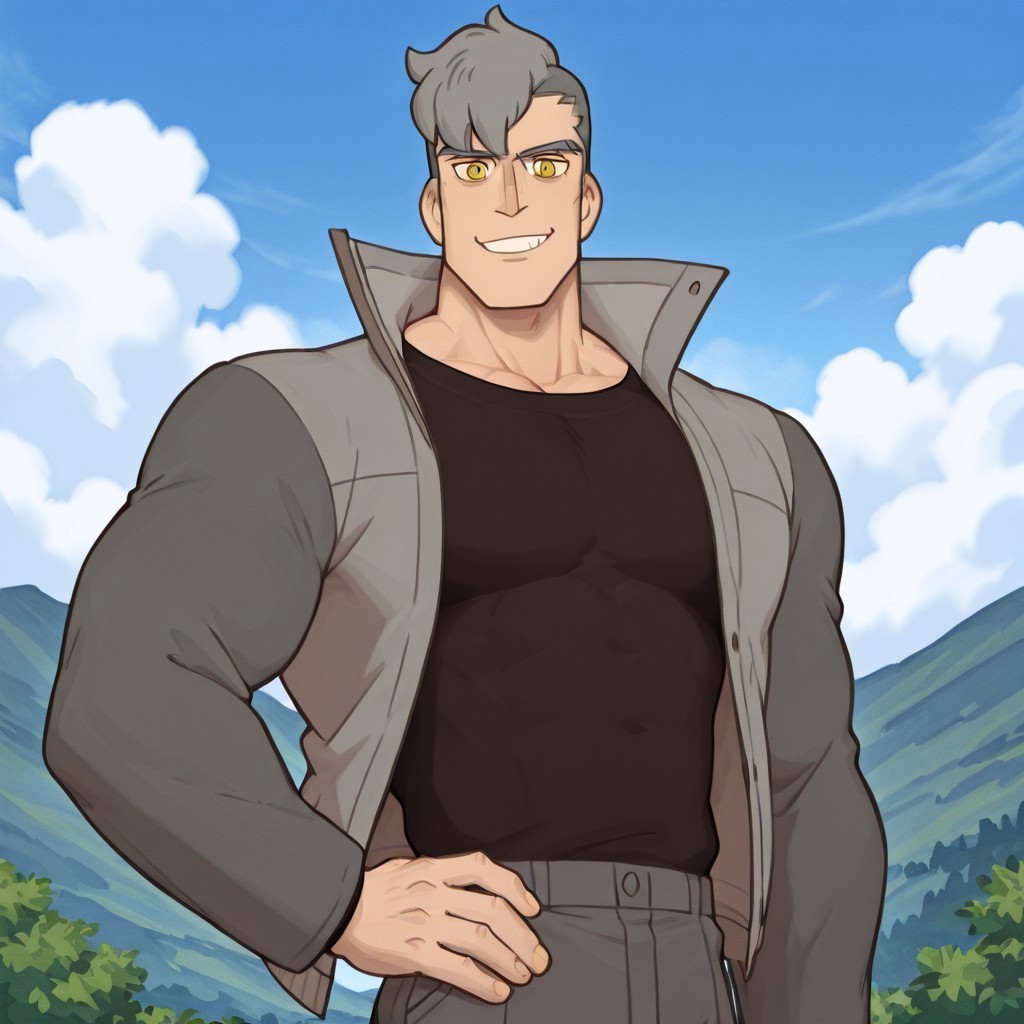 w0lfc0nf, 1 boy, Damao, gray hair, muscular, golden eyes, handsome, broad shoulders, posing, smiling, looking at viewer, grey jacket, black shirt, masculine, masculine features, muscular male, sunny day, clouds, outdoor background, masterpiece, perfect quality, best quality, anime style, detailed, cool composition, newest, very aesthetic, detailed