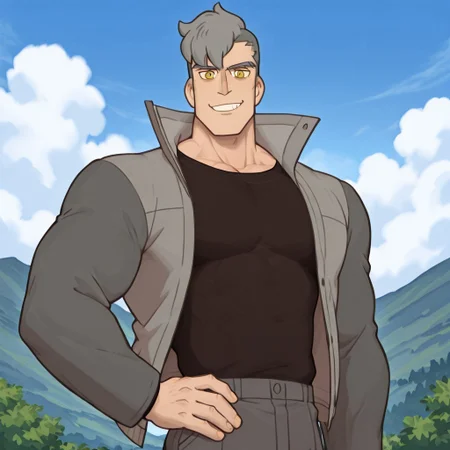 w0lfc0nf, 1 boy, Damao, gray hair, muscular, golden eyes, handsome, broad shoulders, posing, smiling, looking at viewer, grey jacket, black shirt, masculine, masculine features, muscular male, sunny day, clouds, outdoor background, masterpiece, perfect quality, best quality, anime style, detailed, cool composition, newest, very aesthetic, detailed
