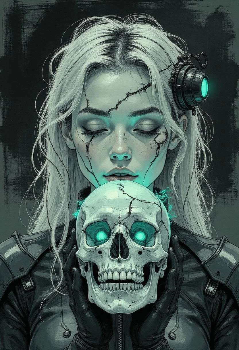 (vantablack, colored sketch in the style of ck-ccd,) A hyper-realistic digital portrait of a hauntingly beautiful woman with pale, almost translucent skin and long, flowing silver hair cascading around her shoulders. Her closed eyes and slightly parted lips give her an eerie, otherworldly expression. Glowing toxic green curse markings spread across her face in jagged, arcane patterns, twisting over her cheeks and forehead as if pulsing with dark energy. With slender, delicate fingers, she holds a luminescent deep blue skull directly in front of her face, perfectly parallel to her forehead, as if aligning it with her own head. The skull’s cracked surface emits faint wisps of cyan mist, seeping through the fractures like an ominous presence. The eerie glow casts ghostly shadows over her face, accentuating her sharp features. She wears a sleek, high-tech ensemble made of dark, glossy material with sharp, angular shoulder plates and a high collar, blending futuristic and occult aesthetics. The background is an abyss of pure vantablack, with faint cyan and purple highlights flickering at the edges, intensifying the surreal and nightmarish atmosphere. The contrast of the glowing elements against the deep darkness creates a mesmerizing and unsettling visual effect.