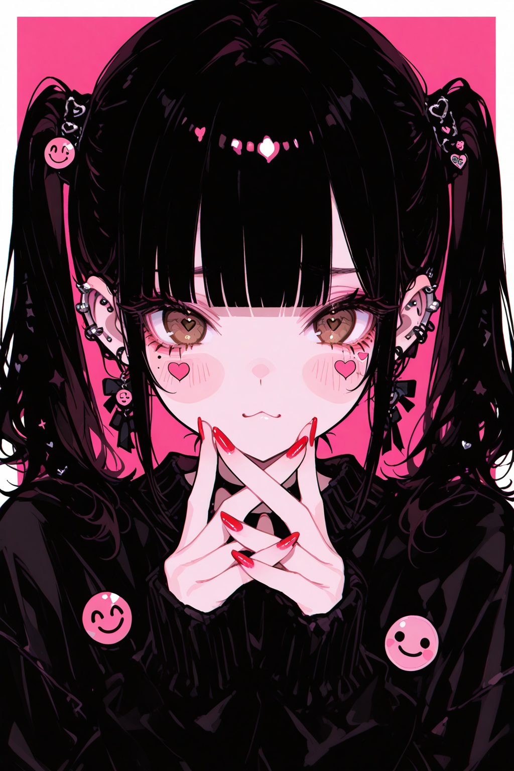 masterpiece, best quality, Good quality, very aesthetic, absurdres, newest,
BREAK
 1girl, solo, long_hair, looking_at_viewer, blush, black_hair, long_sleeves, hair_ornament,:3, jewelry, twintails, brown_eyes, upper_body, heart, earrings, blunt_bangs, nail_polish, star_\(symbol\), 
BREAK
mole,mole_under_eye,frown, blush_stickers, red_nails, ear_piercing, short_twintails,straight-on, black_sweater, badge,pink_theme, extra_eyes, button_badge, sticker, smiley_face
BREAK
<lora:USNR STYLE_XL_loha:0.4> <lora:MoriiMee_Gothic_Niji_Style__Pony_LoRA:0.7> <lora:ppw_v7_Illuv1.0_1_r2:0.3> <lora:XXX477:0.6>
