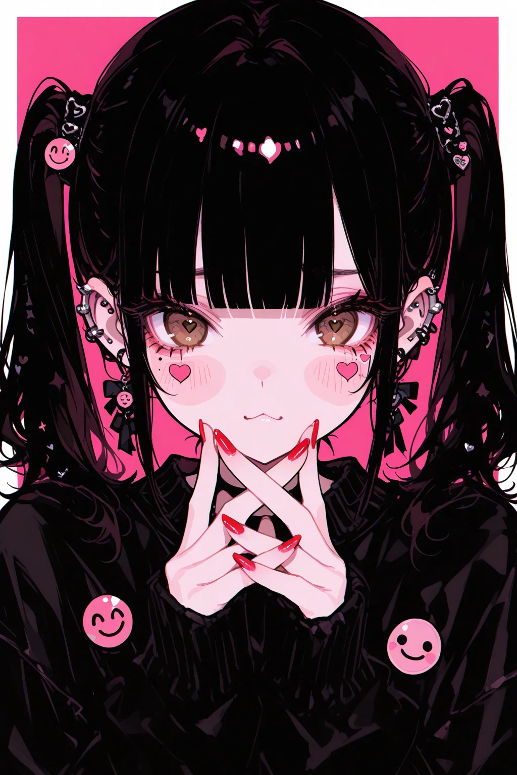 masterpiece, best quality, Good quality, very aesthetic, absurdres, newest,
BREAK
1girl, solo, long_hair, looking_at_viewer, blush, black_hair, long_sleeves, hair_ornament,:3, jewelry, twintails, brown_eyes, upper_body, heart, earrings, blunt_bangs, nail_polish, star_\(symbol\),
BREAK
mole,mole_under_eye,frown, blush_stickers, red_nails, ear_piercing, short_twintails,straight-on, black_sweater, badge,pink_theme, extra_eyes, button_badge, sticker, smiley_face
BREAK
<lora:USNR STYLE_XL_loha:0.4> <lora:MoriiMee_Gothic_Niji_Style__Pony_LoRA:0.7> <lora:ppw_v7_Illuv1.0_1_r2:0.3> <lora:XXX477:0.6>
