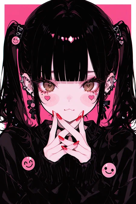 masterpiece, best quality, Good quality, very aesthetic, absurdres, newest,
BREAK
1girl, solo, long_hair, looking_at_viewer, blush, black_hair, long_sleeves, hair_ornament,:3, jewelry, twintails, brown_eyes, upper_body, heart, earrings, blunt_bangs, nail_polish, star_\(symbol\),
BREAK
mole,mole_under_eye,frown, blush_stickers, red_nails, ear_piercing, short_twintails,straight-on, black_sweater, badge,pink_theme, extra_eyes, button_badge, sticker, smiley_face
BREAK
<lora:USNR STYLE_XL_loha:0.4> <lora:MoriiMee_Gothic_Niji_Style__Pony_LoRA:0.7> <lora:ppw_v7_Illuv1.0_1_r2:0.3> <lora:XXX477:0.6>