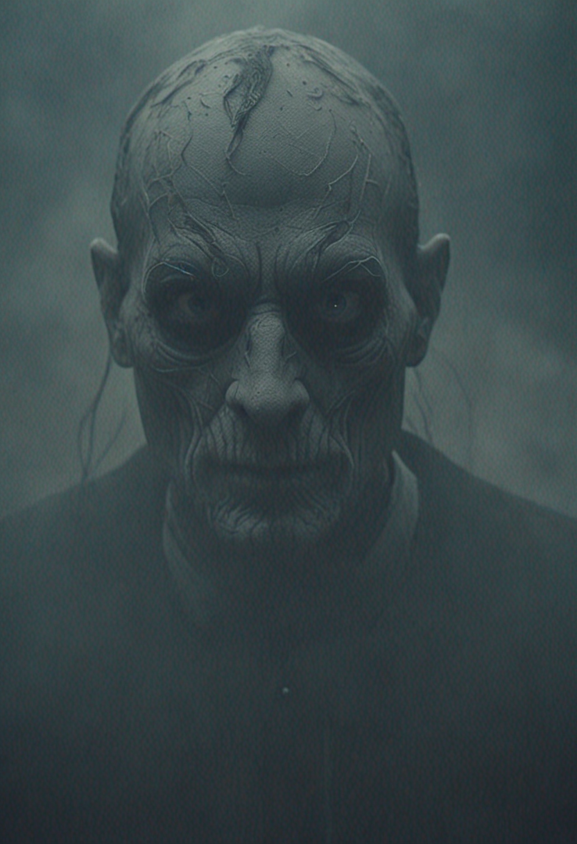 Horror-themed a mysterious character whose facial features are barely distinguishable advances towards the viewer in a cloud of dust and smoke, evil eyes, a smirk, threatening or friendly that no one would say; surreal, swirls of mist, detailed, powerful portrait, evil, uneasy image, cinematic, grainy, 8mm film, FX film. straight out of the haunted lake at full moon night. . Eerie, unsettling, dark, spooky, suspenseful, grim, highly detailed