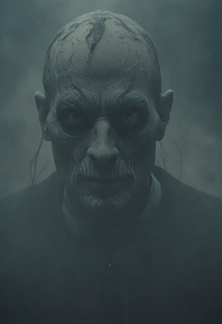 Horror-themed a mysterious character whose facial features are barely distinguishable advances towards the viewer in a cloud of dust and smoke, evil eyes, a smirk, threatening or friendly that no one would say; surreal, swirls of mist, detailed, powerful portrait, evil, uneasy image, cinematic, grainy, 8mm film, FX film. straight out of the haunted lake at full moon night. . Eerie, unsettling, dark, spooky, suspenseful, grim, highly detailed