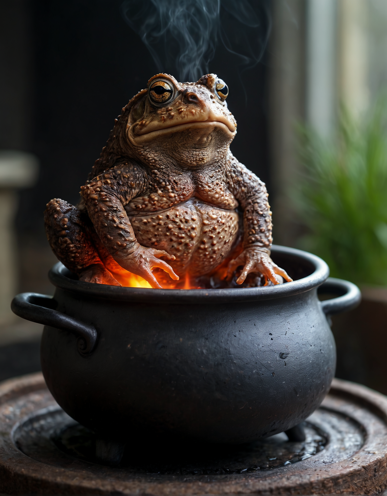 breathtaking, best quality, masterpiece, Photorealistic, The toad sat in the pot, slowly boiling on a flame stove, The water had just come to a simmer, and the toads skin was starting to turn pink. The toads eyes were wide with fear, and it was making small, croaking noises, award winning
