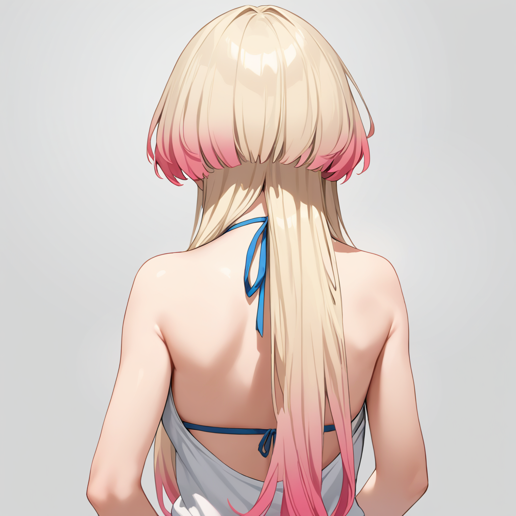 score_9, score_8_up, score_7_up, simple background, 
1girl, jfcut, long hair, gradient hair, from behind, halterneck, 
 <lora:jellyfish_haircut_pony_v1:0.5>