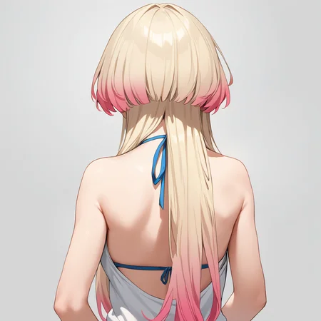 score_9, score_8_up, score_7_up, simple background, 
1girl, jfcut, long hair, gradient hair, from behind, halterneck, 
 <lora:jellyfish_haircut_pony_v1:0.5>