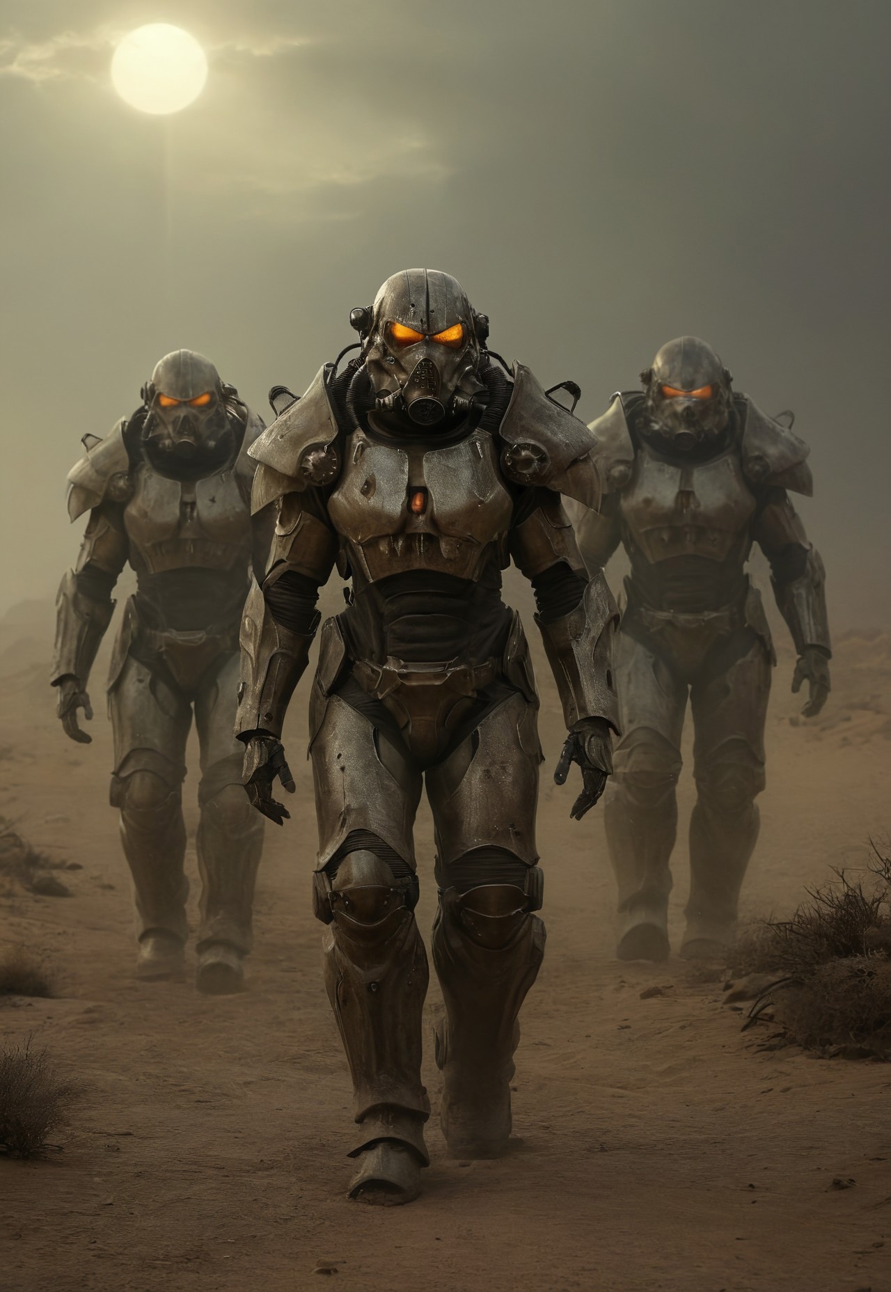 Four soldiers in power armor travelers in the post-apocalyptic desert,fallout universe,alienscape,glossy armor,intricate design,massive armor,corrupted neverland,dramatic sky, dust,wind, bleak,glow,flickering, dark art, dim light,strong single light beams reflects on their armor, somber, dramatic, detailed,science fiction,distopia,horror theme,futuristic, technology,atompunk,dying world of our hopes,poignant atmosphere,dramatic,thrilling,decay,best quality,masterpiece,dynamic composition,color contrast,primary colors,no gradients,close-up