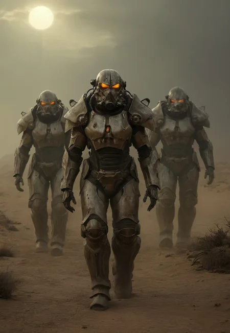 Four soldiers in power armor travelers in the post-apocalyptic desert,fallout universe,alienscape,glossy armor,intricate design,massive armor,corrupted neverland,dramatic sky, dust,wind, bleak,glow,flickering, dark art, dim light,strong single light beams reflects on their armor, somber, dramatic, detailed,science fiction,distopia,horror theme,futuristic, technology,atompunk,dying world of our hopes,poignant atmosphere,dramatic,thrilling,decay,best quality,masterpiece,dynamic composition,color contrast,primary colors,no gradients,close-up