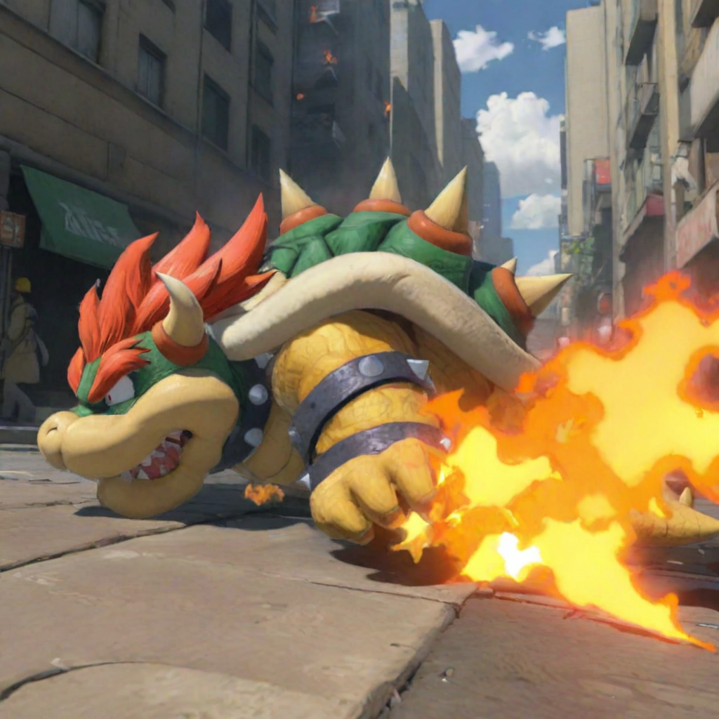 Bowser breathing fire in city, lying on the ground. Anime style <lora:Bowser-cai:1> <lora:LCMSDXL:1>