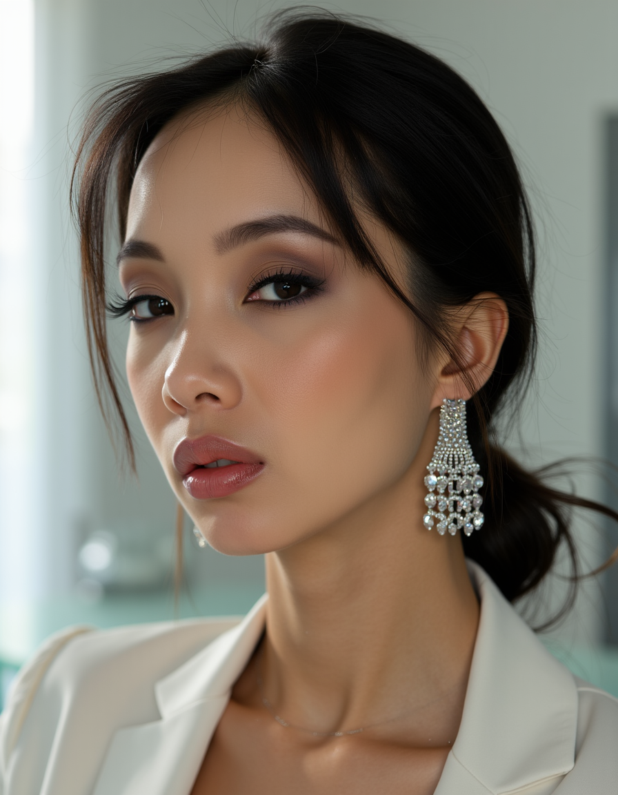 The reflective surfaces of her earrings and outfit create a dynamic interplay with the environment, emphasizing her sleek presence. The minimalist background allows the viewer to focus on her eye-catching fashion and makeup. Captured with a Sony A7R IV camera and a 50mm f/1.2 G Master lens for a beauty editorial shoot, this composition highlights her fashion-forward aesthetic. Inspired by avant-garde fashion photography from Sølve Sundsbø, this image blends contemporary fashion and minimalist elegance, embodying mythp0rt and niji_flux styles for a sleek, high-fashion vision. ((portrait)).