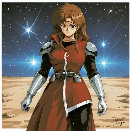 woman standing, Alys Brangwin, dynamic shot, curvy, solo, 1girl, brown hair, blue eyes, armor, illustration, 1990s style, retro, space background, <lora:Alys_Brangwin-000007:1>