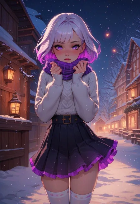 score_9, score_8_up, score_7_up, score_6_up,
1girl, 25 years old, perfect face, cute, petite,
purple eyes,
multicolored hair, colored inner hair, white hair, purple glowing hair, purple glowing scarf,
white sweater, long sweater, long sleeves,
purple nails,
purple skirt, layered skirt,
white thighhighs,
winter, snow, snowing, snowflakes,
blush, dynamic pose, dynamic angle,
night, dark, village, lantern