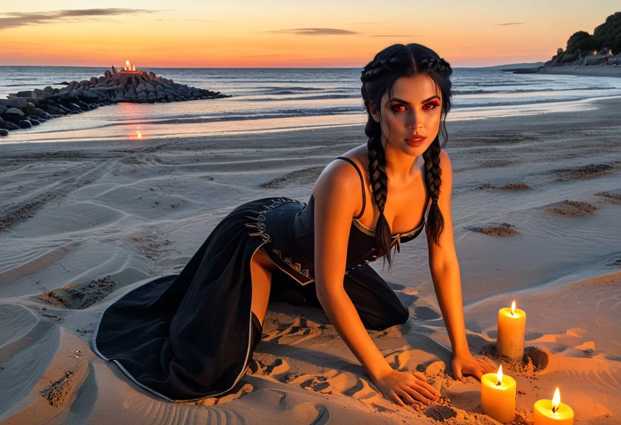 NM_tes_Serana,,
black hair, medium hair, crownbraid, orange eyes, glowing eyes, vampire fangs
kneeling in the sand,
looking at the viewer,
at a public beach , beach scene, medieval scene,
evening, sunset, lit candles,
cinematic shot,
8k ,realistic photo, highly detailed,
uncensored