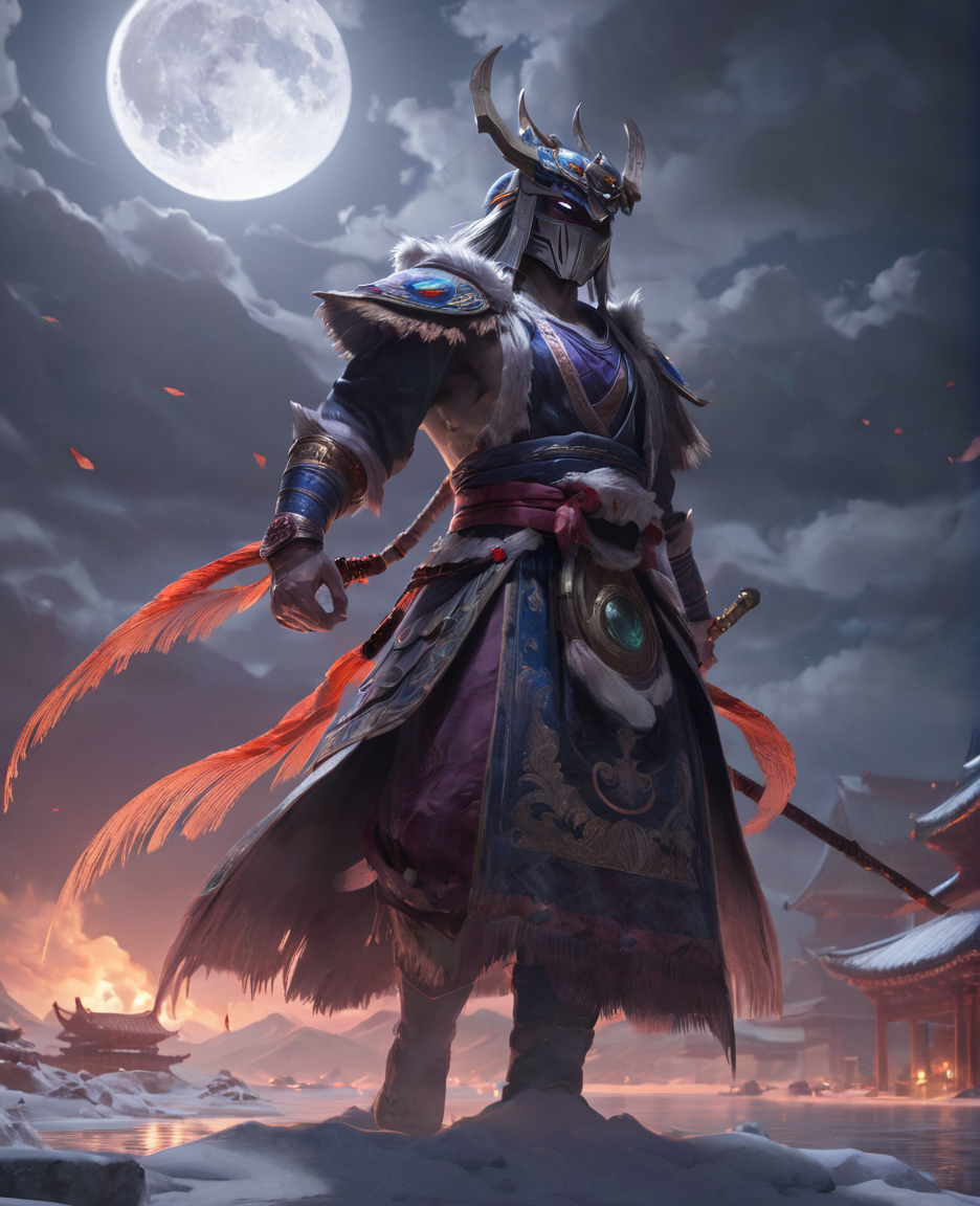 <lora:bloodmoonXL-step00000250:0.9>,bldmoon,shaman,On Thin Ice,ominous full moon,cinematic,oriental,realistic,ultra detailed,ray tracing,cloudy sky,octane render,intricate,cinematic,oriental,glowing features,masterpiece,hyper realistic reflections,50nm dof,bokeh,realistic,sharp focus,ultra detailed,8k,uhd,surging power,high resolution,trending on artstation and deviantart,featured,style of __fantasy-artist__ and Yuki Katsura and wuxia fantasy
