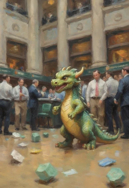impressionist painting of a baby dragon playfully causing chaos on the floor of the New York Stock Exchange