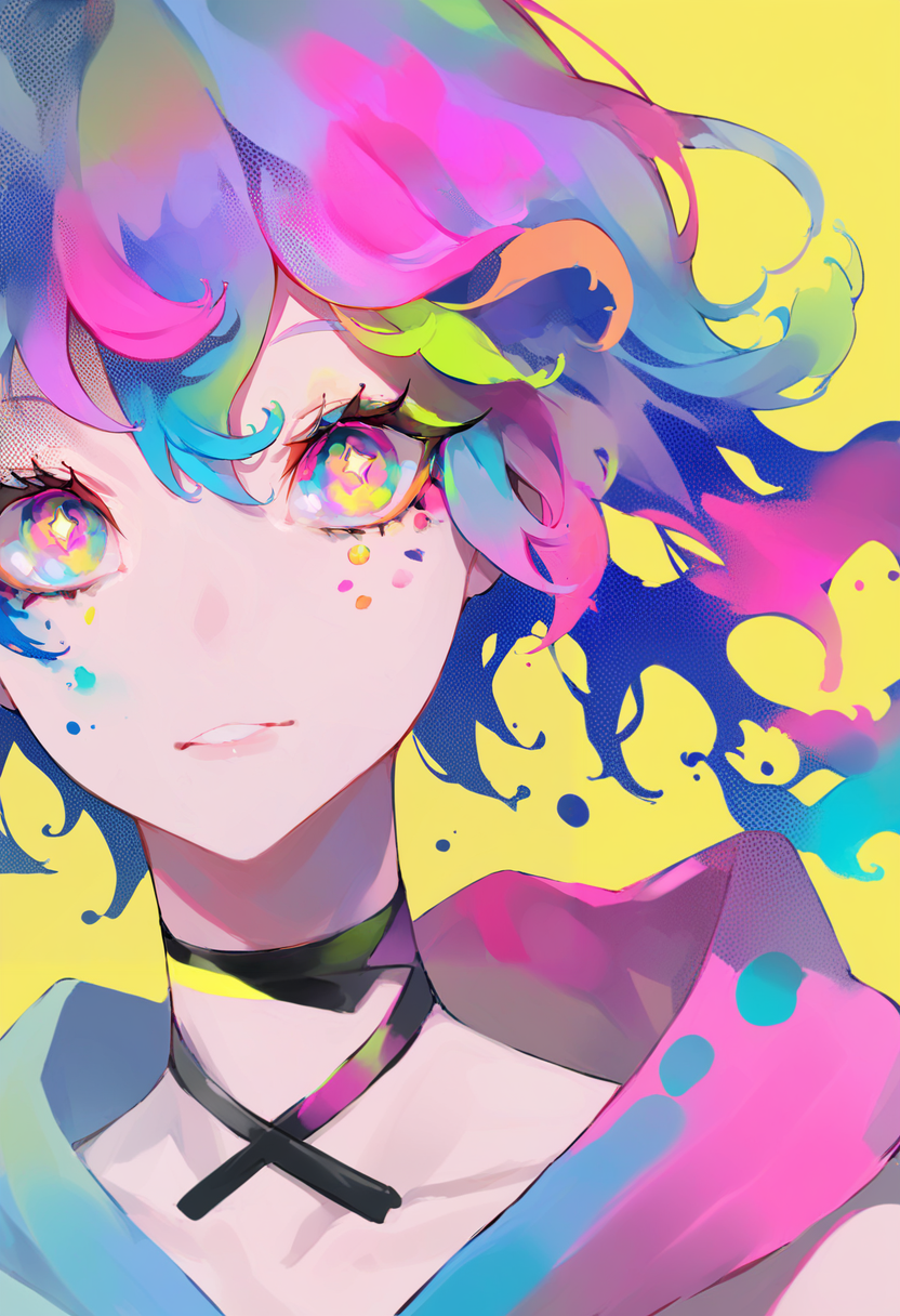 score_9, score_8_up, score_7_up, score_6_up, <lora:LAMXL_Js2_lokr_V4302:0.95> solo, yellow background, choker, multicolored eyes, looking at viewer, 1girl, black choker, portrait, multicolored hair, simple background, blue hair, pink hair, hood, halftone, short hair, pink eyes, liquid hair, paint splatter, floating hair, colorful, hair between eyes, makeup, hood down