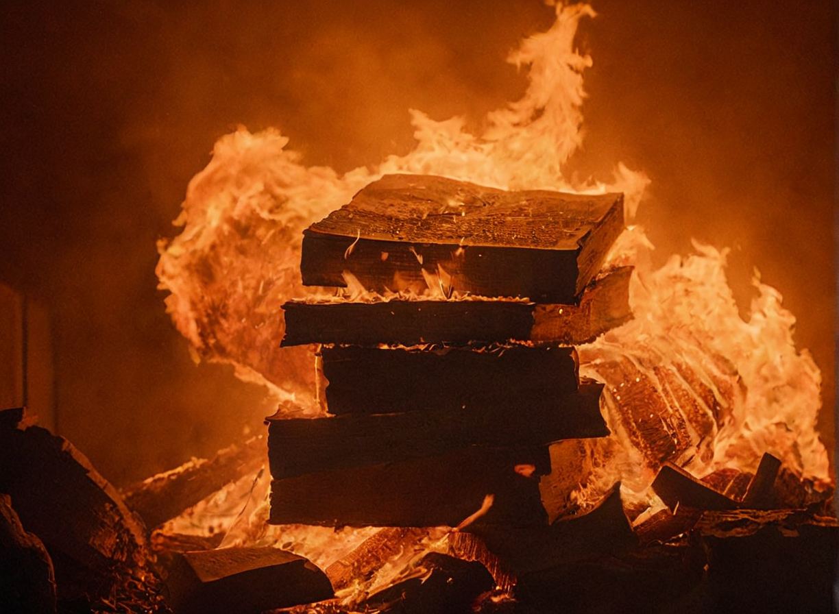 Hyperrealistic art cinematic film still photography in the style of detailed hyperrealism, haphazard pile of books, books piled high, (books piled everywhere:1.3), book burning, embers, detailed flames, intense flames, flames everywhere, nighttime, night shoot, hyper detailed, deep depth of field, sharp focus, crisp focus, high budget, cinemascope, moody, epic, film grain, 8k, UHD, Nikon Z9, 35mm film,, ultra wide shot, zoomed out, realism pushed to extreme, fine texture, <lora:- SDXL - vanta-black_contrast_V3.0:1>,  <lora:inferno:1>, big inferno, <lora:xl-shanbailing-1003fire:0.7> fire element,  <lora:AdvancedEnhancerXLv2:1>
##STAND UP TO FASCISM## 