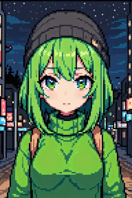 face focus, cute, masterpiece, best quality, 1girl, green hair, sweater, looking at viewer, upper body, beanie, outdoors, night, turtleneck <lora:Pixel_Art_XL:0.8>