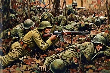 schoonover1 illustration.
A chaotic world ward 1 battle scene set in a dense autumnal forest, with earthy tones of brown, green, and muted reds. In the foreground, an Sargeant York, an american soldier in a khaki uniform with a helmet lies prone on the ground, aiming a handgun toward the right. There are many dead german soldiers lying around him. <lora:schoonover1_cap_d6a3e11:1.0><lora:831469762862161563:0>