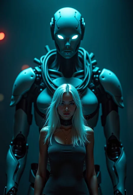 a female android with glowing cyan eyes and white hair, standing in darkness with soft neon light illuminating half her face, a massive biomechanical robot behind her, their silhouettes merging with glowing cables, poetic cyberpunk atmosphere, cinematic poster style, centered composition, dark background with soft blue and red accents