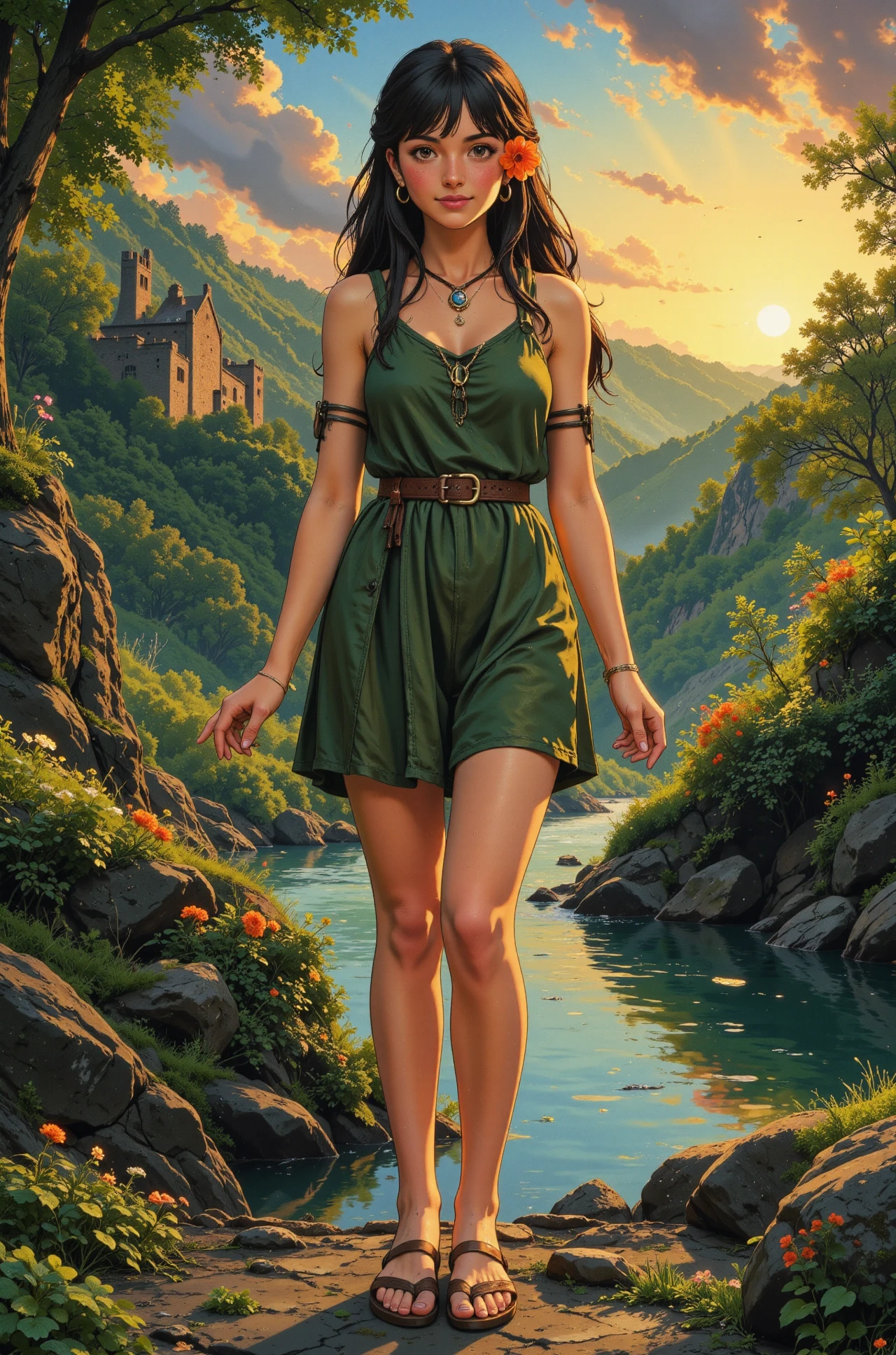 long hair dark brown hair young woman, druid, anime, illustration, extremely detailed, portrait, standing, happy smile, flower in hair, glossy lipstick, celtic necklace, hoop earrings, loincloth, sandals,  Spring Green druid short dress, legs, sharp focus, fantasy, celtic landscape, small rock, moss, ripples, reflections, celtic  castle, small river pond, druid forest, druid village, stunning nature environment, enchanted land, clovers, Bright Corn Green flowers, best quality, colorful, wet floor, bright sunny sky, sunset, raytracing, hdr, high contrast, ethereal natural lights, backlight, lens flare, shadows, vibrant colors, colorful, pretty, beautiful, happy, smiling, feminine, sexy, lovely, in love, adorable, fashion,  <lora:Hand v2:1> <lora:Anti-Blur:1><lora:Insane Detail Slider:0.5>  <lora:flux.1_lora_flyway_Epic-detail_v2:0.3><lora:fluxenhancer:0.5> <lora:RetroAnimeFluxV1:0.4> <lora:Luminous_Shadowscape:0.4> <lora:SujatmikoArafuru_Flux:0.2> Suzume style
