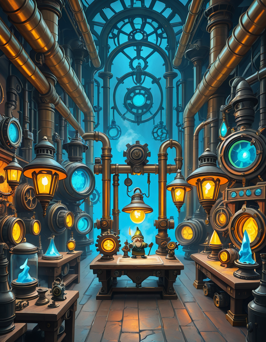 A highly detailed and immersive gnome workshop inspired by World of Warcraft, filled with intricate mechanical devices, glowing gadgets, and arcane-infused machinery. The workshop is cluttered with blueprints, gears, and steam-powered contraptions, creating a vibrant steampunk-fantasy aesthetic. The lighting comes from flickering arcane lamps, neon-colored tubes, and softly glowing mana crystals, casting a warm yet mysterious ambiance. In the background, large brass pipes, rotating cogs, and suspended platforms form a complex, multi-layered workspace. A large workbench at the center is covered with half-finished inventions, from tiny clockwork creatures to experimental energy weapons. The walls are adorned with schematics, tool racks, and magical energy conduits. The atmosphere feels lively, as if gnome engineers have just stepped away from their latest tinkering project, leaving sparks flying and steam hissing from unfinished experiments. The color palette is a mix of vibrant blues, greens, and metallic hues, enhancing the high-tech yet whimsical charm of gnomish engineering.<lora:SDXLFaeTastic2400:0.4> <lora:extremely_detailed:0.4> extremely detailed,gnome w0rksh0p <lora:gnome_w0rksh0p-i:1>, Masterpiece,best quality,hi res,8k,hi res,8k,award winning,(sharp focus, intricate, highly detailed),