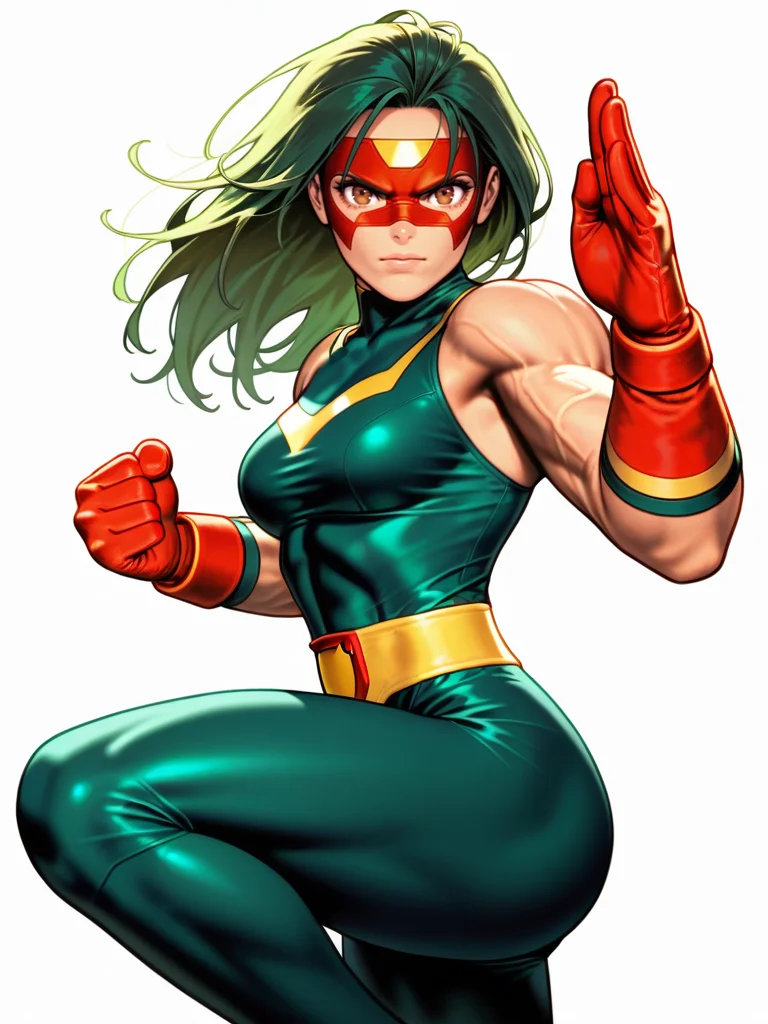 ShinkiroXL,, white background,,
1girl, superhero costume, bodysuit, green hair, brown eyes, fighting stance, medium breasts, muscular female, one leg up,,
white background, looking at viewer, dynamic pose, cowboy shot,
<lora:AShinkiro_Style:1>