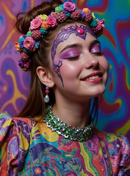 Psychedelic style most sexiest beautiful perfect teenager-girl in the world, closed eyes, smiling, full body, lifelike, extremely high-resolution details, intricate-details, surreal photography, dreamlike imagery, subconscious exploration, bending reality, imaginative narratives, juxtaposing elements, evoking wonder and awe, transcending boundaries, challenging perceptions, fantastical landscapes, otherworldly atmospheres, fantasy portrait photography, beautiful eyes, ethereal beauty, magical atmosphere, whimsical element, enchanting composition, mystical storytelling, professional lighting, imaginative concept, creative styling, otherworldly aesthetic, fantasy romance, surreal visual, enchanting character, captivating narrative, intricate detail, vibrant color, fantastical landscape, Rave fashion style, vibrant and colorful clothing choices, featuring neon colors, bold patterns, and futuristic designs, encourages self-expression and creativity, incorporates elements of dance culture and electronic music, promotes a sense of community and celebration . Vibrant colors, swirling patterns, abstract forms, surreal, trippy