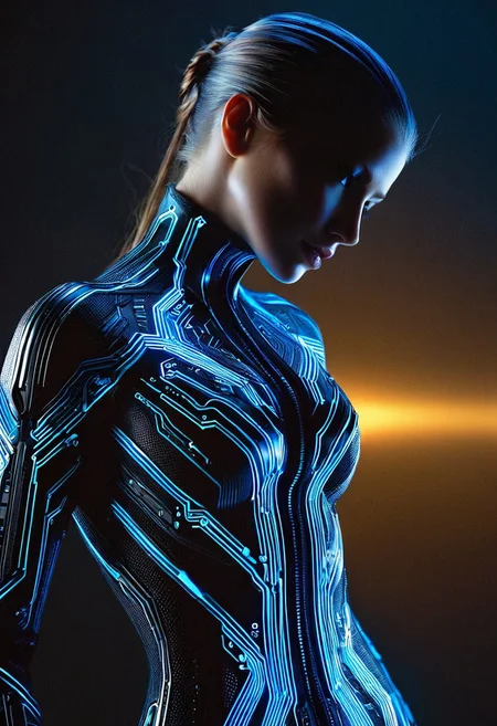 A lone woman, hyper-realistic and intricately detailed, fills the frame with her upper body, adorned in a circuit-inspired outfit that blends organic and synthetic elements, with glowing blue wires and microchips embedded in her skin, set against a dark, gradient background with soft, cinematic lighting, in the style of a futuristic digital painting, with a slight shoulder-angle camera perspective, emphasizing her enigmatic gaze and the mesmerizing, high-tech attire that seems to pulse with an inner light.