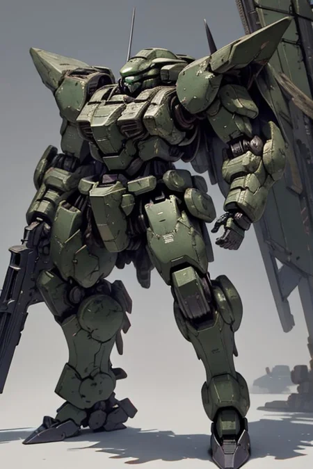 edge quality, perspective silhouette, 8k, best quality, masterpiece, extremely detailed, rule of thirds, photorealistic, superb, HDR, high resolution, sharp focus, photorealistic rendering, extremely detailed description, professional, gorgeous and intricate detail,
Mecha, mech, solo focus, Zeon, zaku, retro, industrial design:0.5, robot, one-eyed, camouflage panels, science_fiction, glowing eye, green, purple armor, blue armor, spikes on shoulder, weapon, ((holding weapon, holding gun)), rounded armor plates, rounded head, 
full body, subject in frame
high angle view
chara-sheet