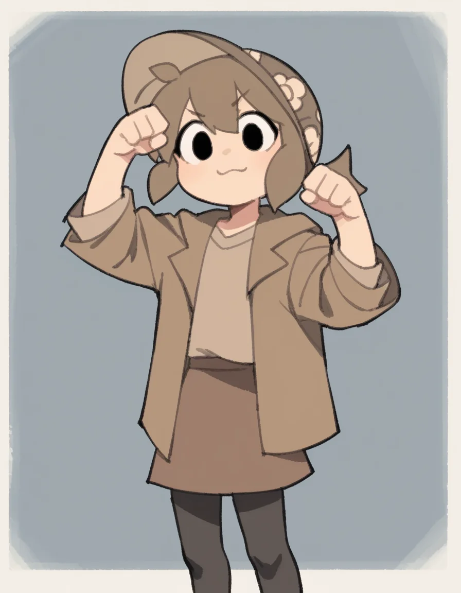 zPDXL, score_9, score_8_up, score_7_up, source_anime, flat color, sketch,
1girl, solo, squinting, (victory_pose), brown hair, low ponytail, brown hat, brown jacket, brown shirt, brown skirt, black leggings, black eyes, chibi,
<lora:TemmieChang_ver2:1> tmchng,