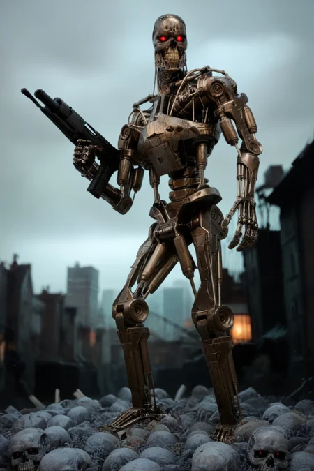 T800_Endo, Terminator robot, score_9, score_8_up, score_7_up, (source_IRL, source_movie), cinematic, realistic, masterpiece, high quality, highres RAW photo, ((full body shot))
an UpgradedT800_Endo Terminator Robot with red eyes, he is made of metal, <lora:T800_Endo_Terminator_Pony_v1-000013:1>
(standing, holding a futuristic gun)
in a destroyed apocalyptic city, with skulls covering the ground, dark cloudy skies, Apocalyptic Landscape, destroyed city
dynamic lighting, highly detailed, intricate details, shadows, at night